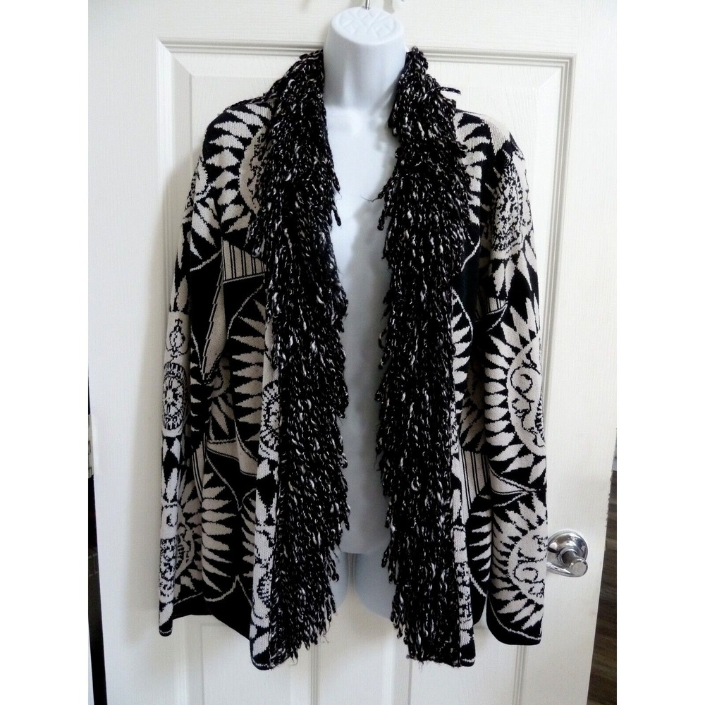 **CHICO'S Sz 2=12/14 L Graphic Cardigan Sweater Silk/Cotton Sun Fringed Hippie**